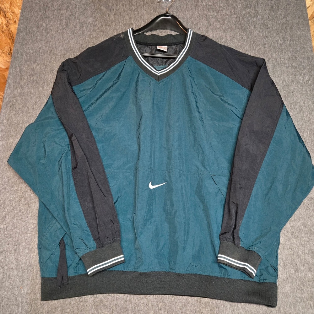 Vintage Nike Windbreaker Pullover Mens XXL Green Black Nylon V-Neck Swoosh